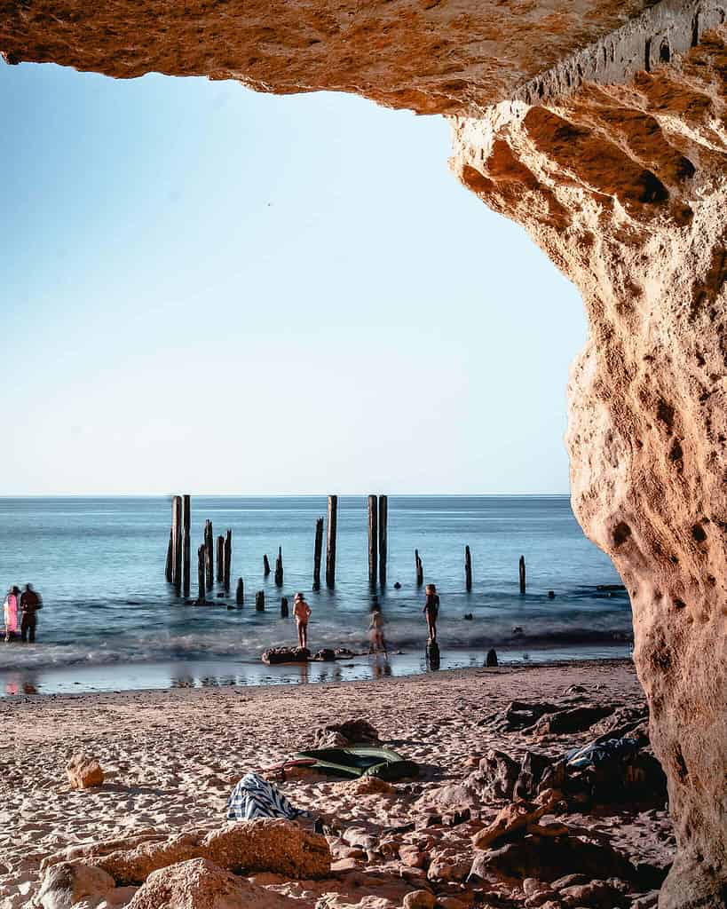 Port Willunga Old Jetty Sticks view from the sea cave