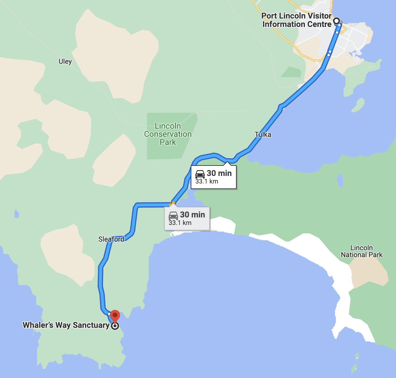 How to get to Whalers Way - Map showing route from Port Lincoln to the entrance of Whalers Way