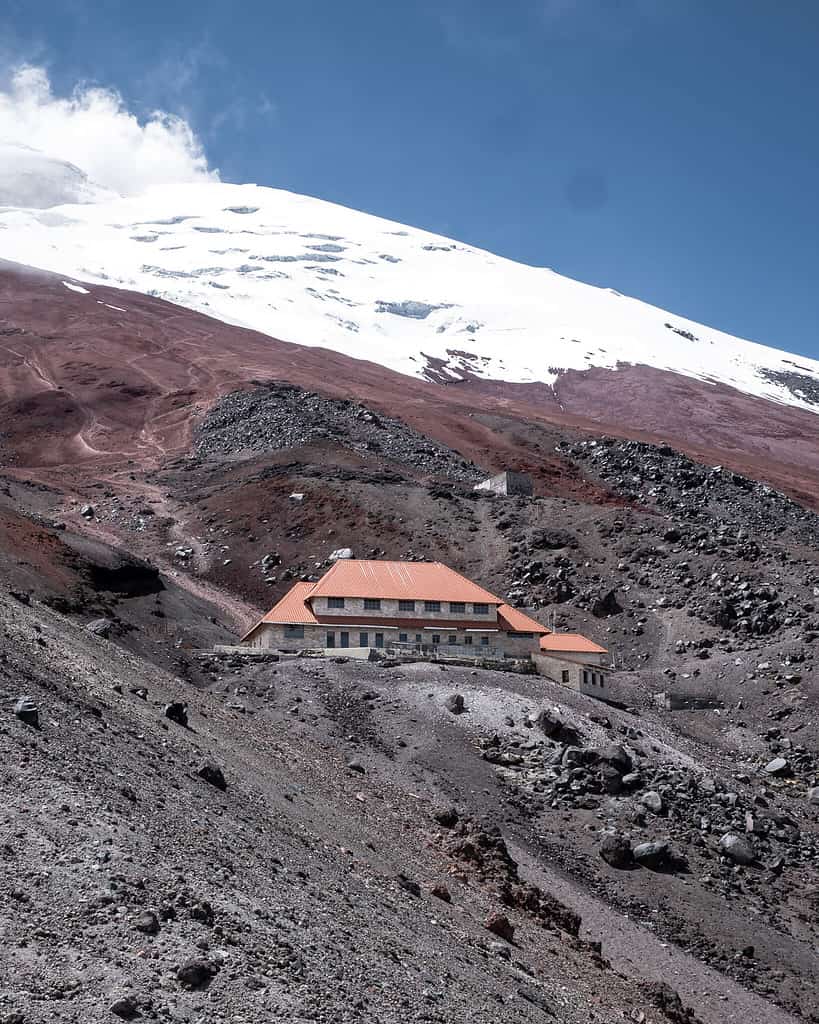 Refuge on the Cotopaxi mountain with glacier in background