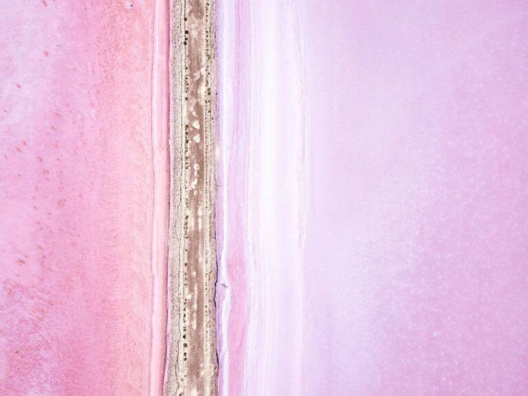 Lake Bumbunga - Drone top down photo showing road with pink salt pans either side.