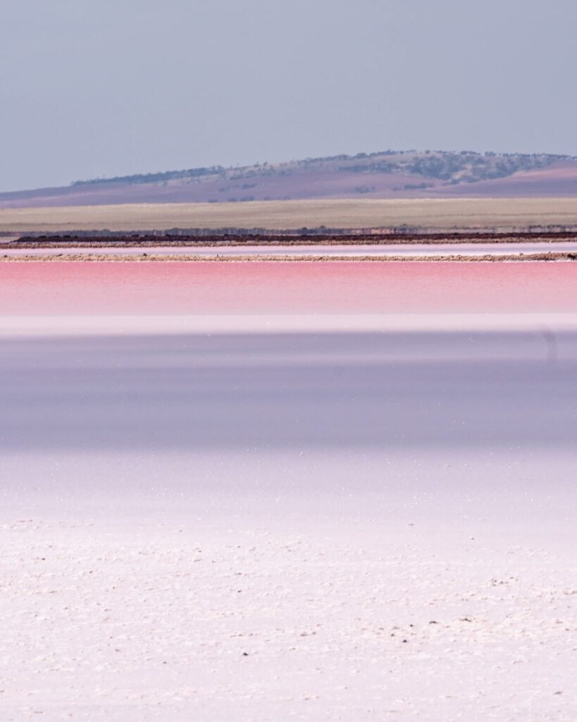 A layered landscape featuring a white salt flat foreground, a stripe of pink lake in the middle, with fields and a low mountain range in the distance under a soft sky, creating a serene and stratified natural vista.